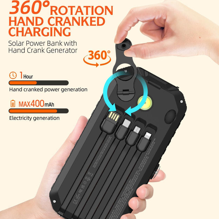 Solar Power Bank with Integrated Charging Cables and LED Flashlight Stornfield