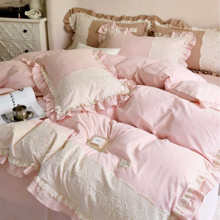 Vintage-Inspired Ruffled Eyelet Lace Cotton-Linen Duvet Cover Set