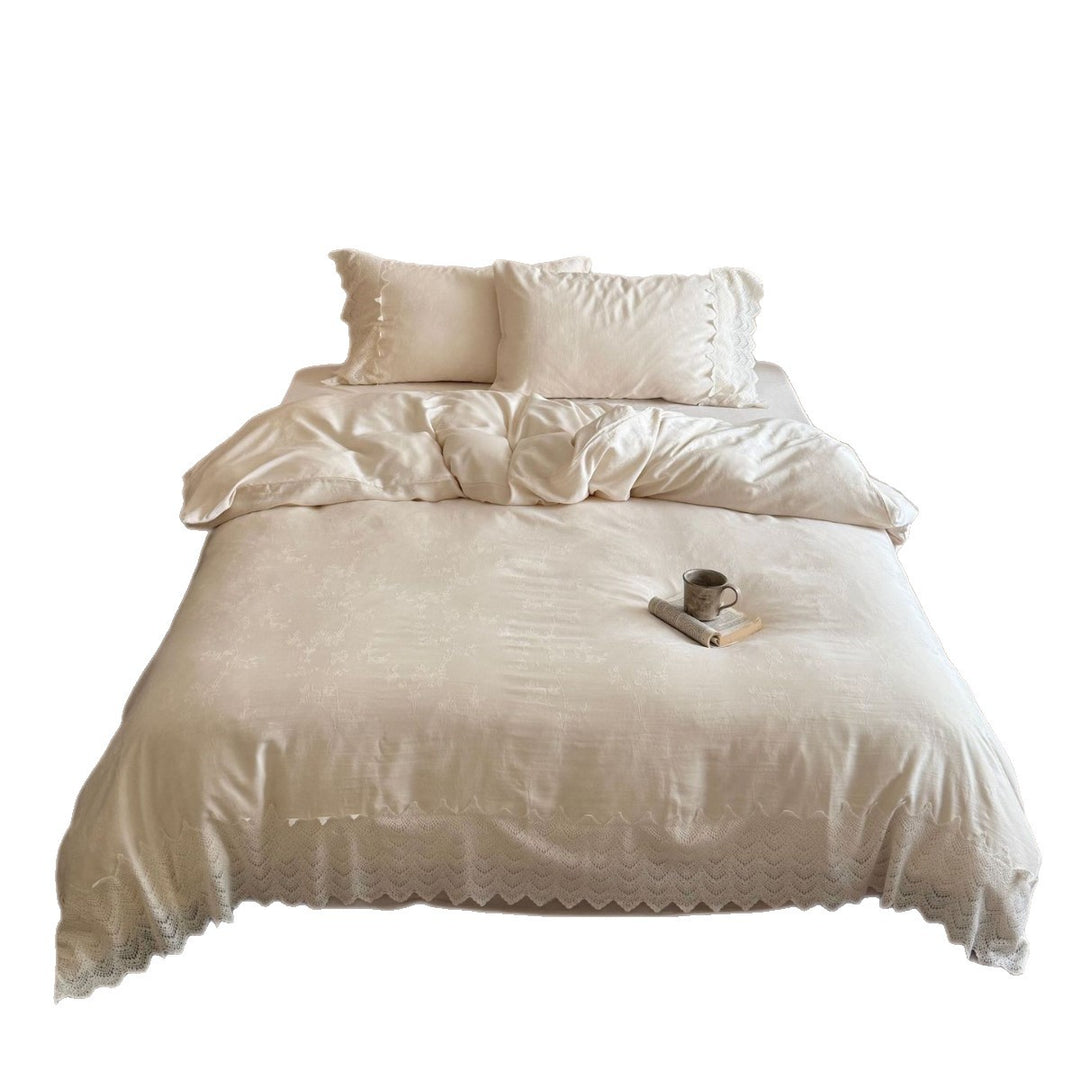 Bedding set made of linen-cotton mix with crocheted lace trim and fine floral jacquard texture