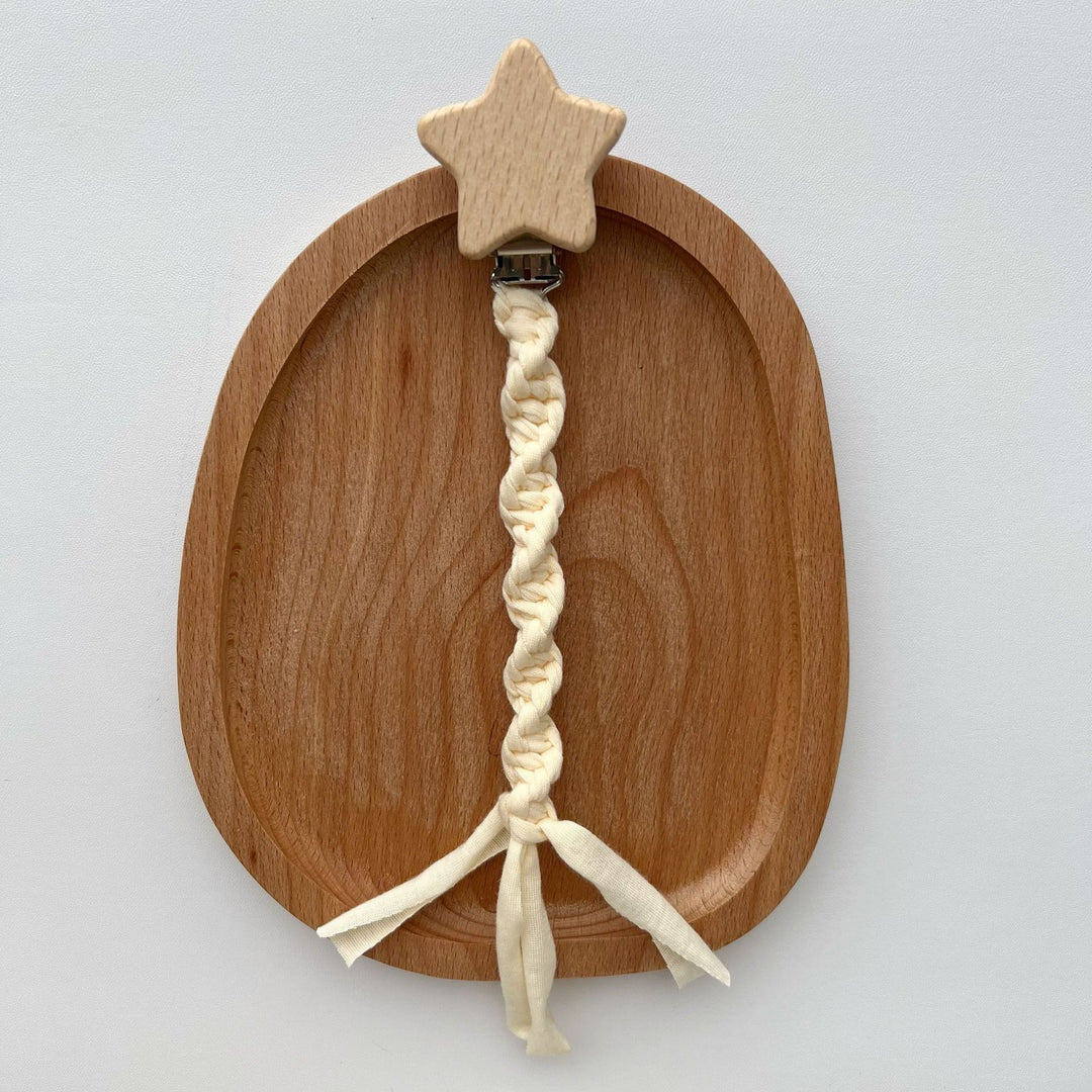 Wooden Star Pacifier Clip with Braided Cotton Strap