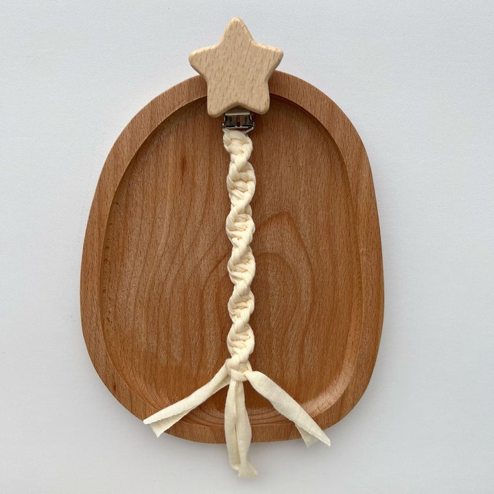 Wooden Star Pacifier Clip with Braided Cotton Strap