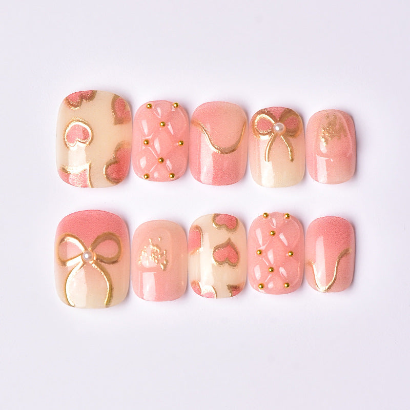 Elegant Heart and Ribbon-Themed Press-On Nail Set Stornfield