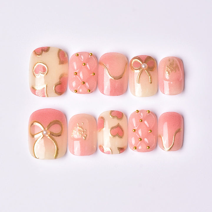 Elegant Heart and Ribbon-Themed Press-On Nail Set Stornfield