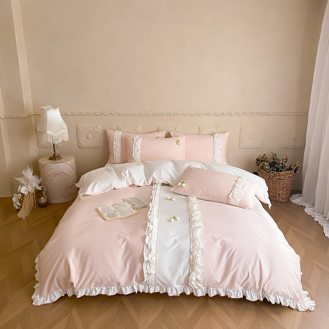 Romantic Ruffled Cotton Sateen Duvet Cover Set with Frilled Edge and Decorative Pillow Shams
