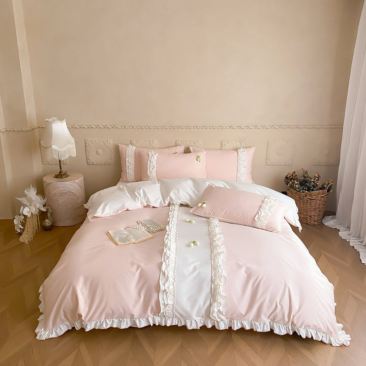 Romantic Ruffled Cotton Sateen Duvet Cover Set with Frilled Edge and Decorative Pillow Shams