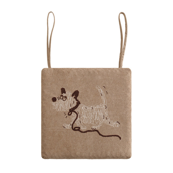 Padded seat cushion with embroidered dog motif and ties Stornfield