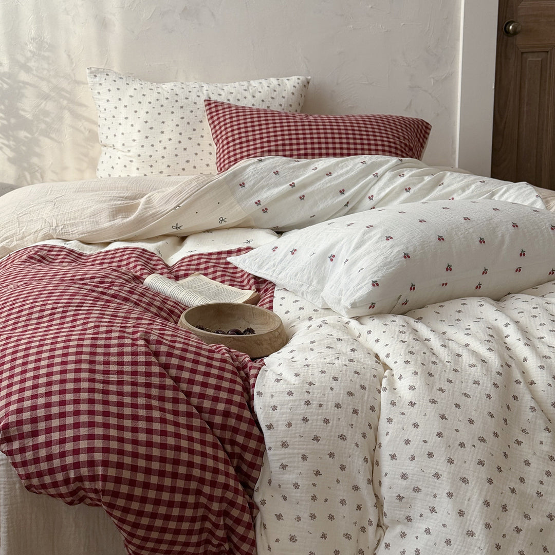 Washed Gauze Cotton Layered Duvet Cover Set with Micro Floral Embroidery and Gingham Accent Pillow