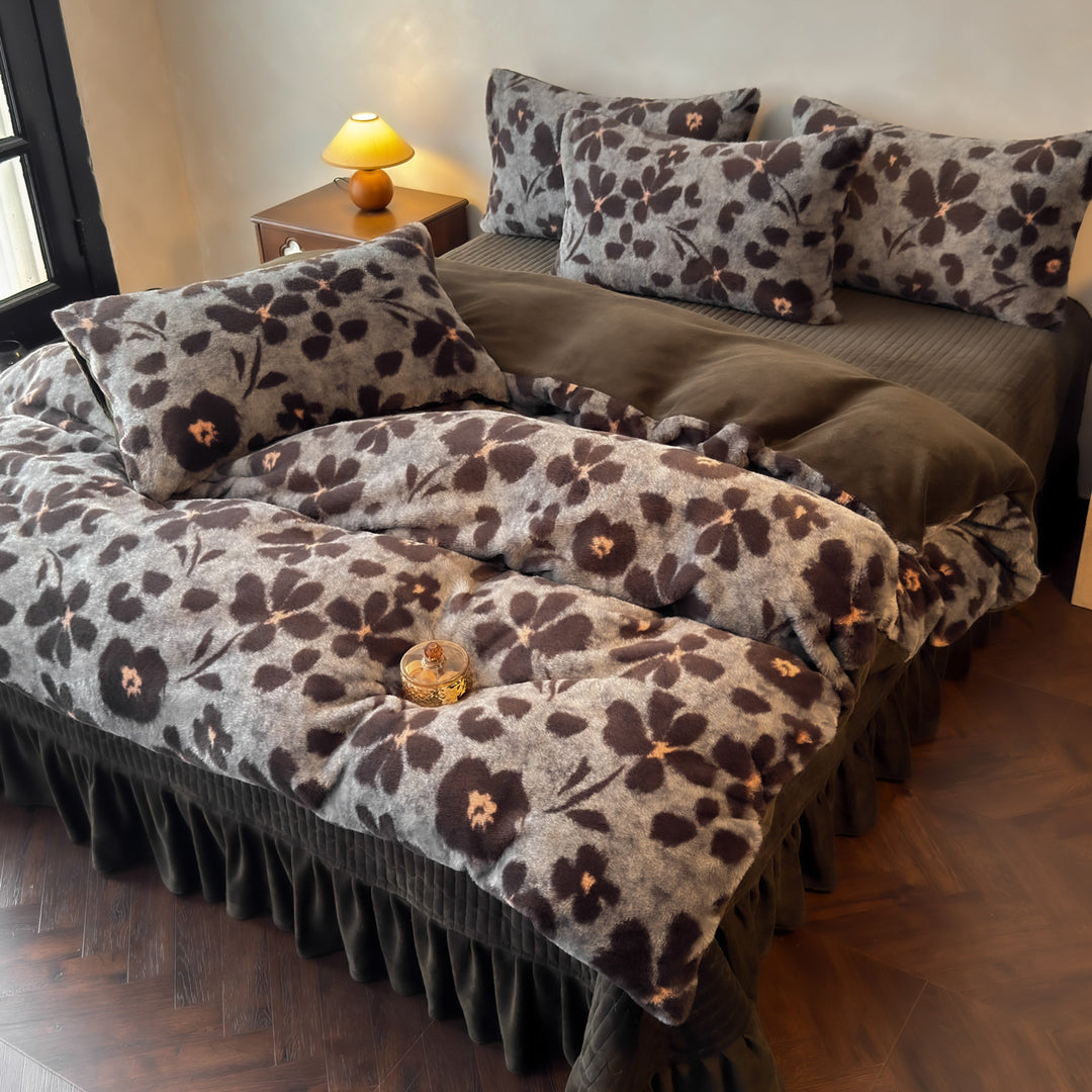 Plush Floral Flocked Reversible Duvet Comforter Set