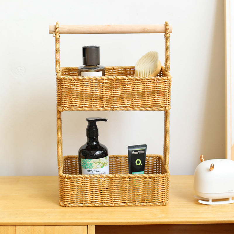 Unisex Two-Tier Storage Basket with Wooden Handle Stornfield