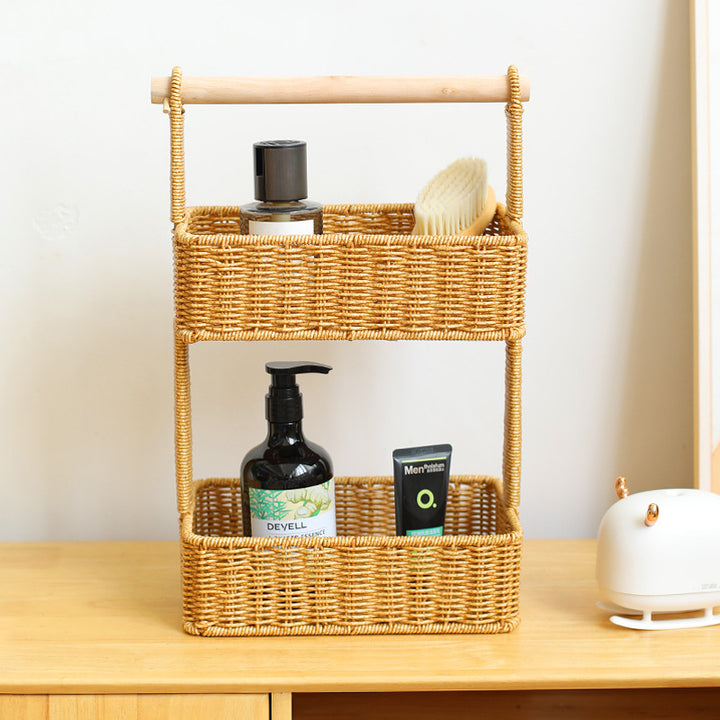 Unisex Two-Tier Storage Basket with Wooden Handle Stornfield