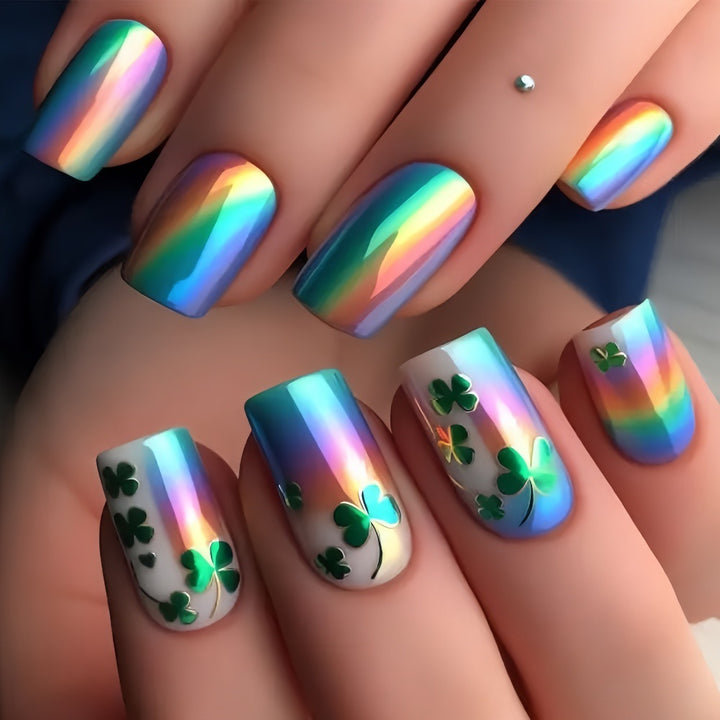 Artificial nails with colorful rainbow and clover leaf designs Stornfield