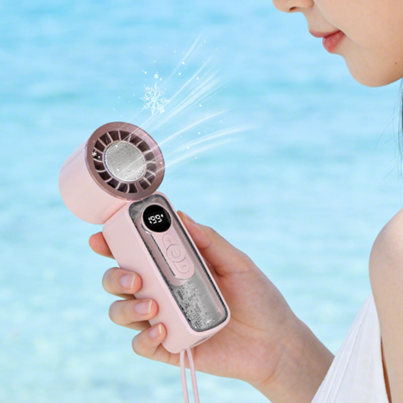 Cooling bladeless micro-turbine handheld fan with OLED battery display and fold-out stand Stornfield