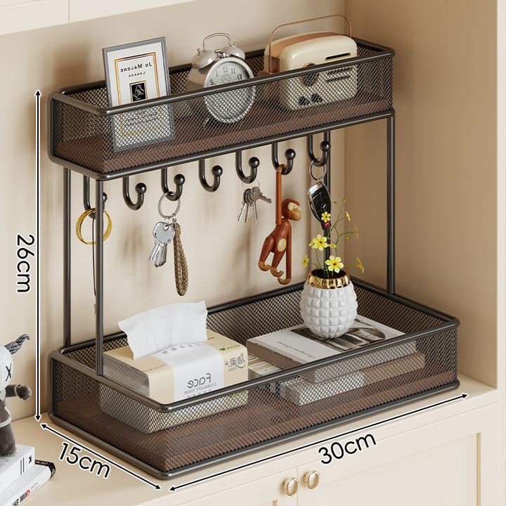 Double-Tier Metal Mesh Entryway Organizer Shelf with Key Hooks and Removable Baskets