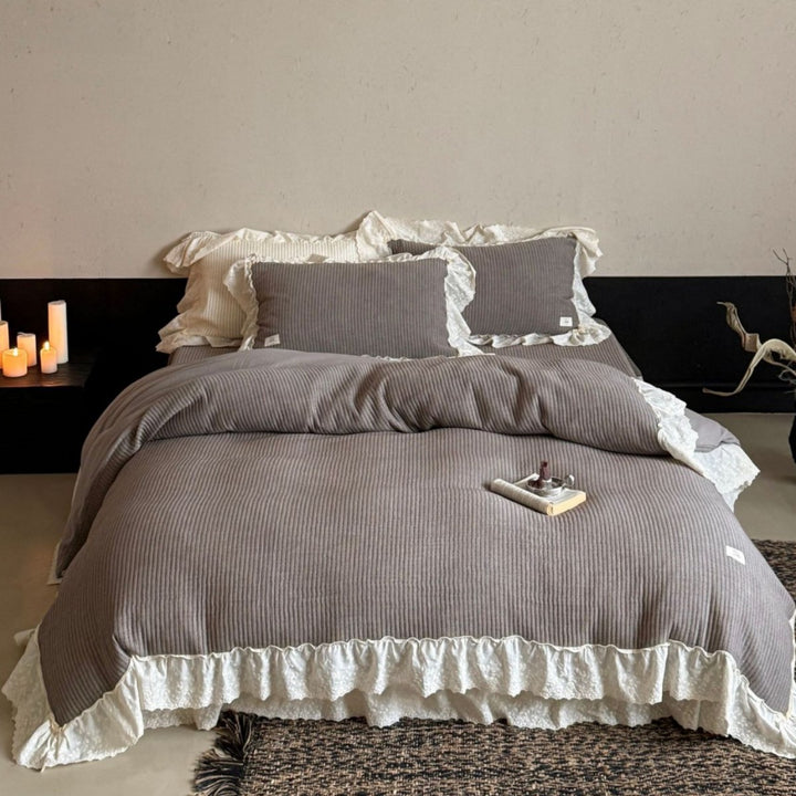 Ruffled Lace Trim Ribbed Duvet Cover Set