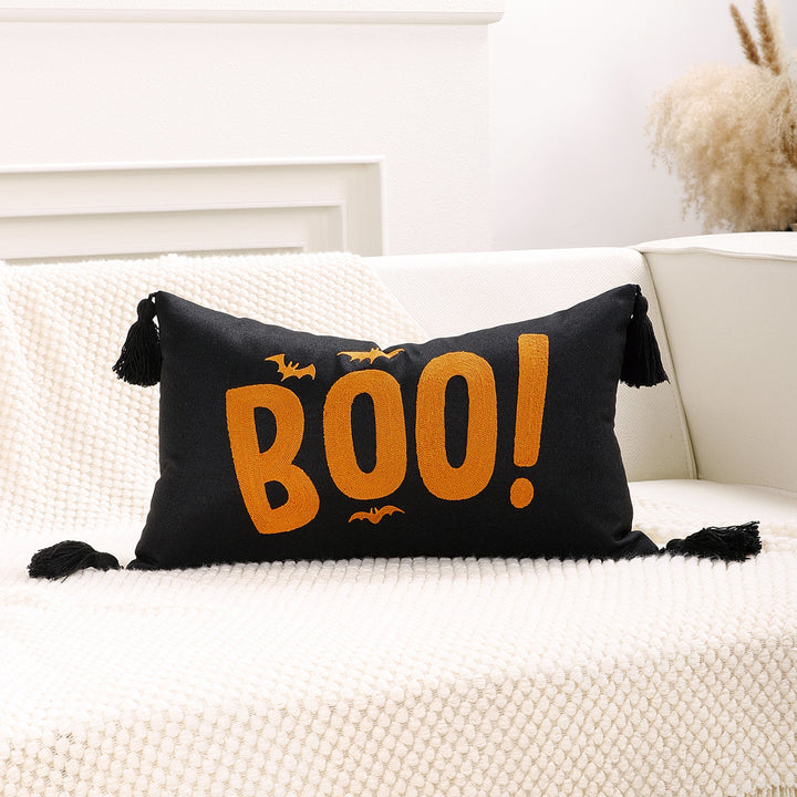 Halloween BOO Cotton-Linen Lumbar Accent Pillow Cover with Corner Tassels