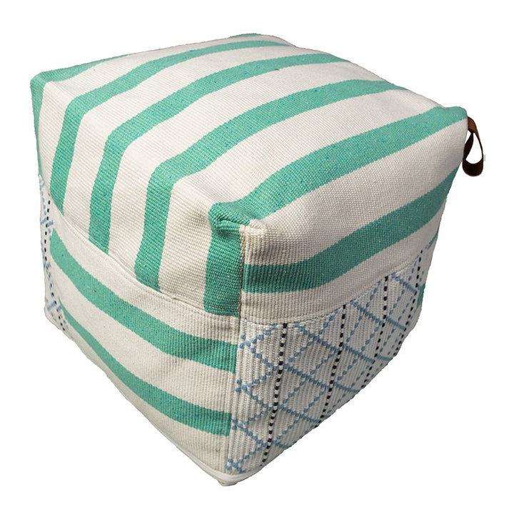Padded pouf seat ottoman with woven structure and carrying handle