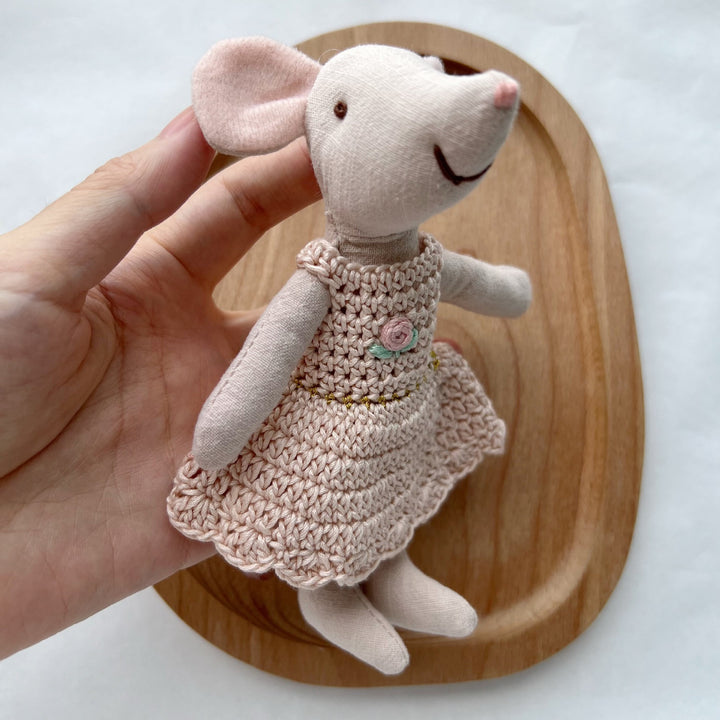 Handmade Linen Mouse Doll with Crocheted Dress and Embroidered Details