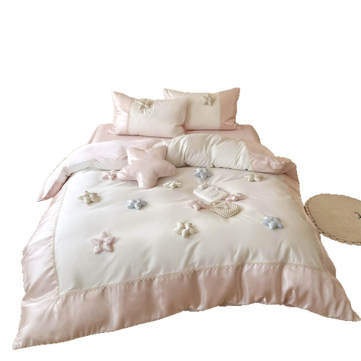 Luxury Silk-Feel Satin Duvet Cover Set with 3D Star Appliqué & Lace Trim