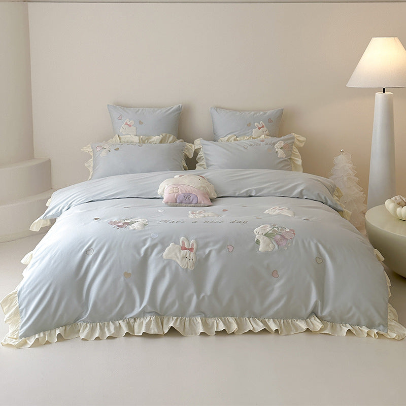 Ruffled Cotton-Linen Duvet Cover Set with Embroidered Bunny Appliqué and Decorative Shams