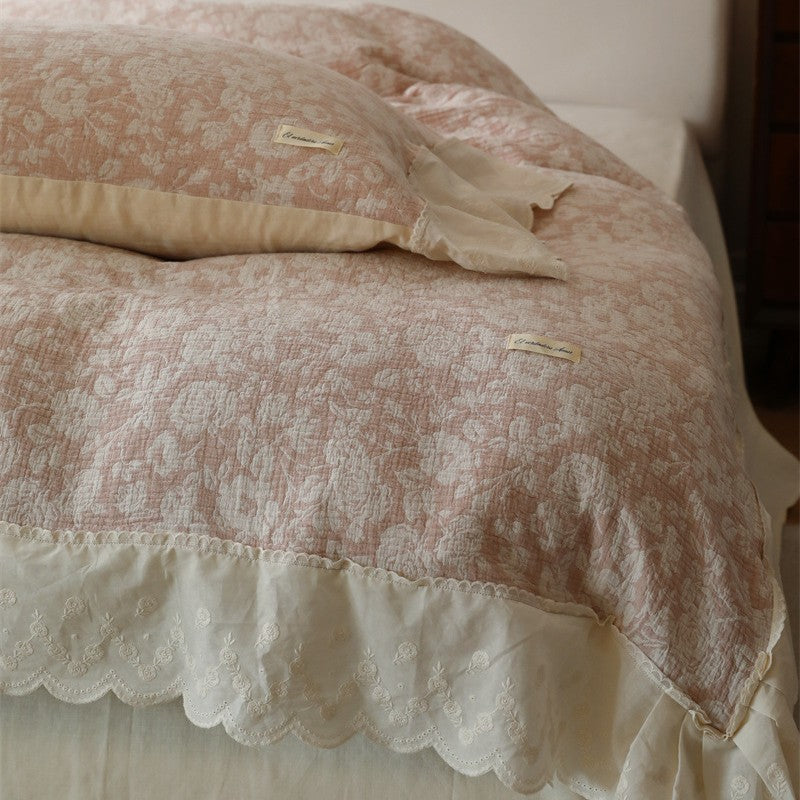 Floral Quilted Cotton-Linen Duvet Cover Set