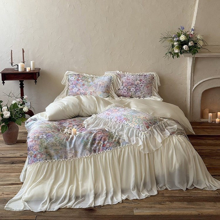 Elegant bedding set with floral watercolor print and gathered ruffle