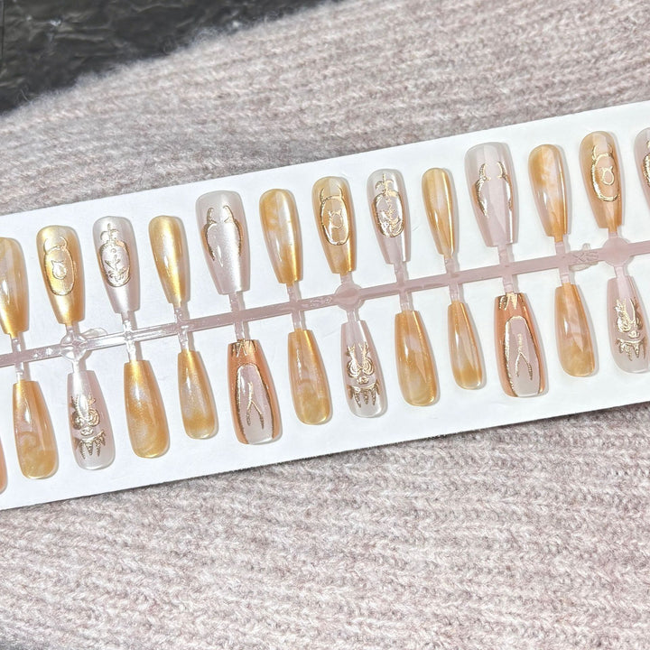 Elegant Press-On Nail Art Set with Gold Accents