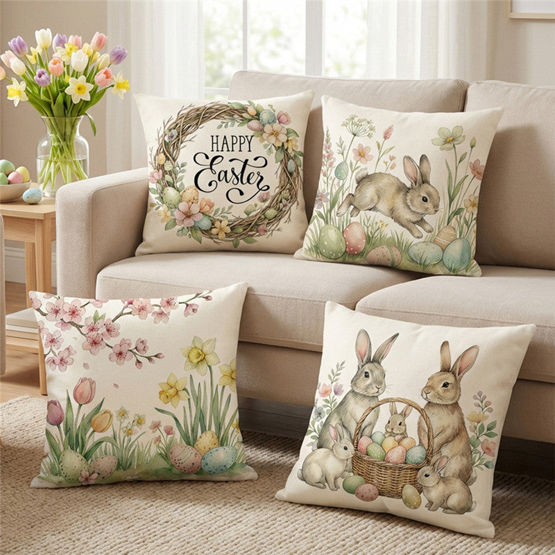Easter Blossom Linen Throw Pillow Cover with Watercolor Eggs