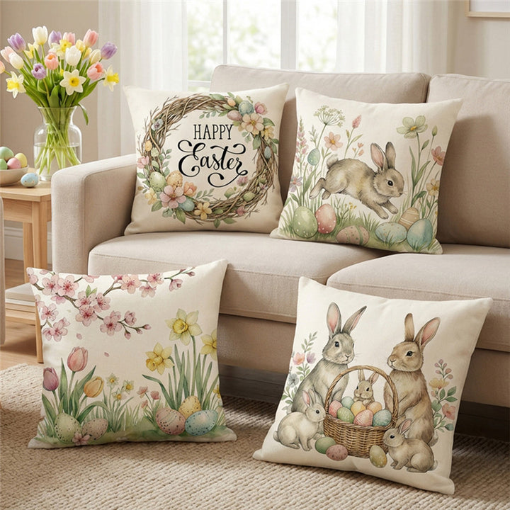 Easter Blossom Linen Throw Pillow Cover with Watercolor Eggs