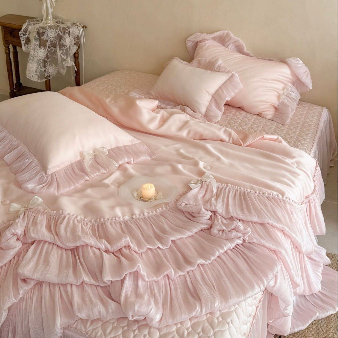 Ruffled Layered Satin Bedspread and Pillow Sham Set with Frilled Edges