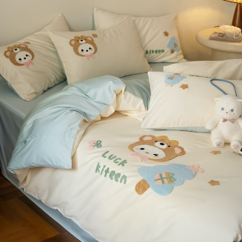 Embroidered Plush Appliqué Cotton Duvet Cover Set with Reversible Lining