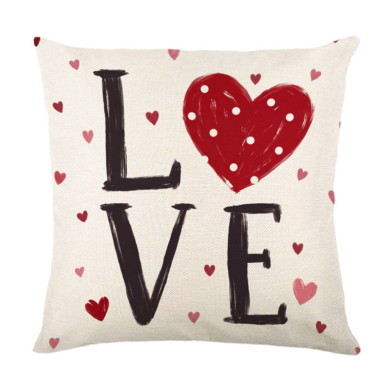 Decorative Cotton-Linen Square Throw Pillow Cover LOVE Heart Print with Hidden Zipper