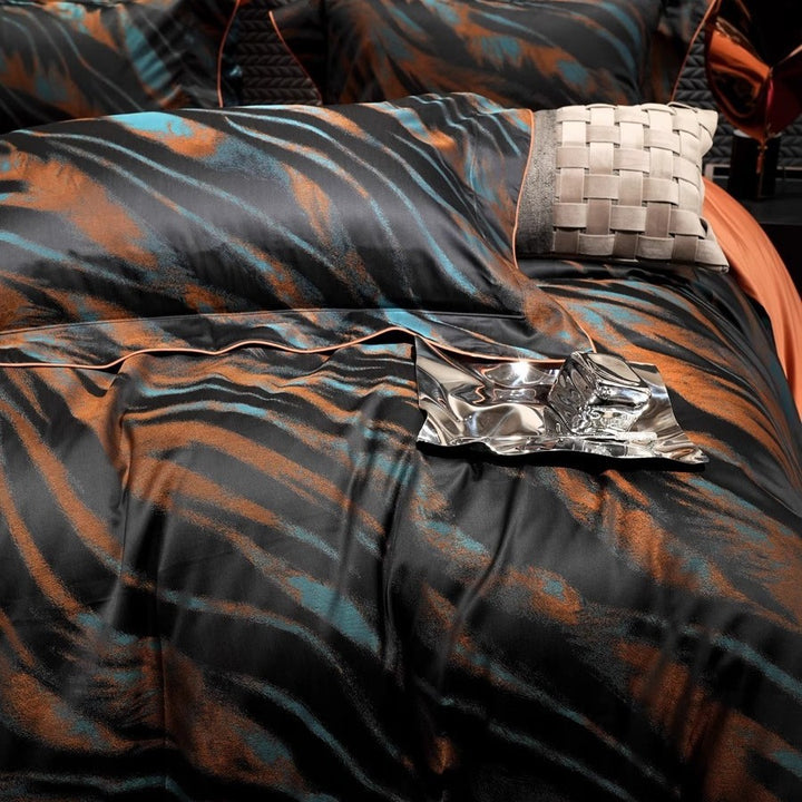 Silk-Feel Reversible Duvet Cover Set with Abstract Brushstroke Print