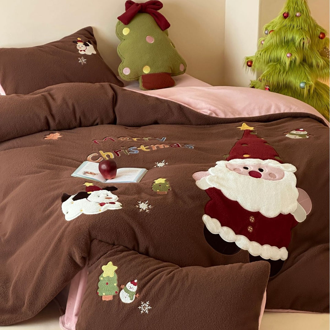 Christmas Plush Appliqué Fleece Duvet Cover Set with Reversible Lining