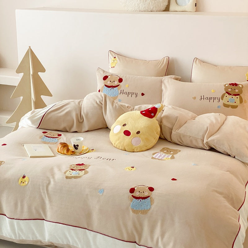 Reversible Cozy Duvet Cover and Pillowcase Set with Embroidered Puppy Appliqués