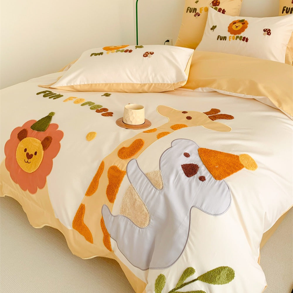 Children's Embroidered Cotton Duvet Cover Set with Animal Appliqué Pillowcases