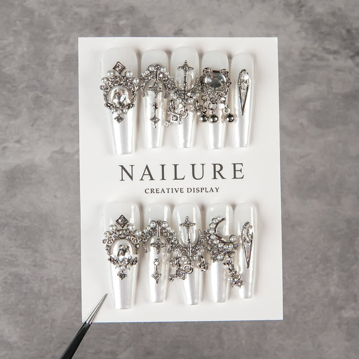 Decorative Press-On Nail Set with Embellishments