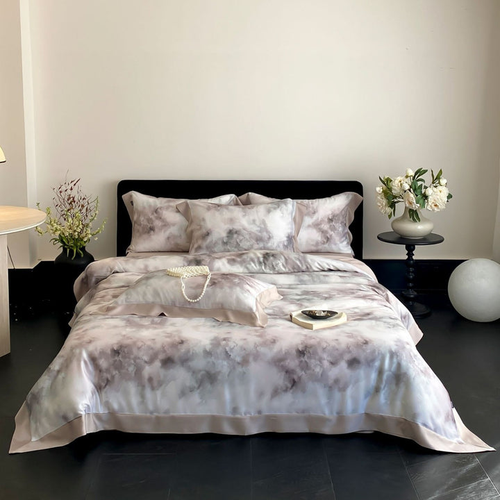 Luxurious cotton satin bedding set with watercolor marble print and fine hem edge