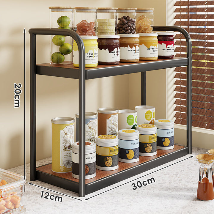 Two-Tier Compact Countertop Spice and Pantry Organizer Stand with Metal Frame and Wood-Effect Shelves