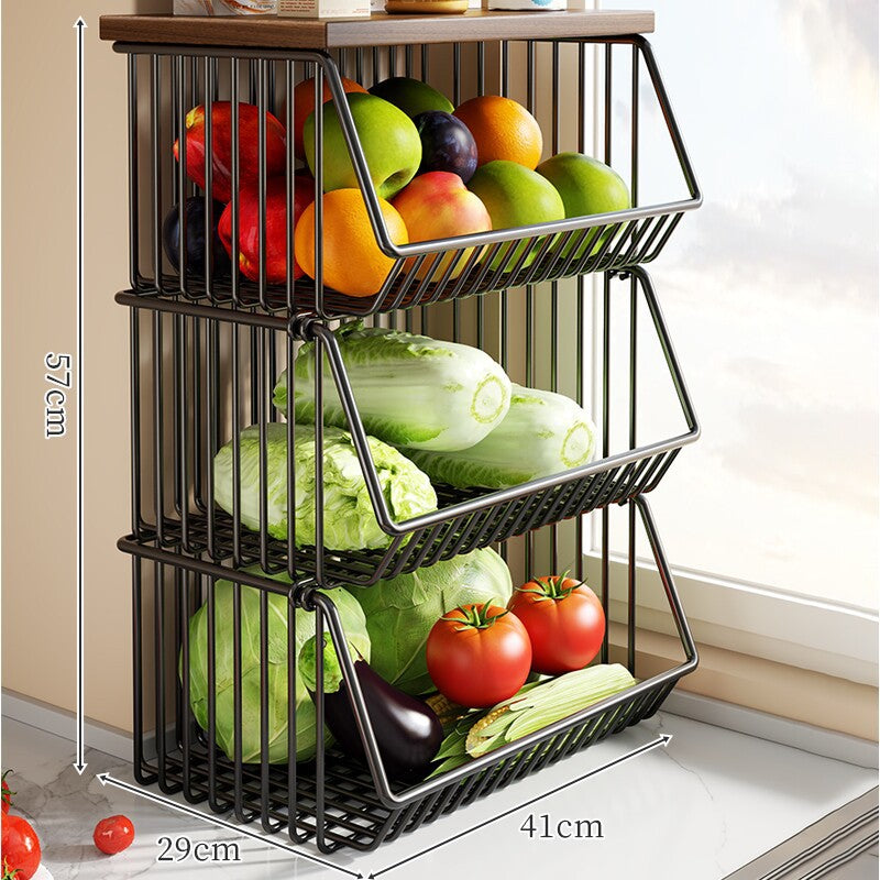 Two-Tier Countertop Vegetable and Pantry Storage Rack with Walnut Wood Top and Sliding Wire Basket