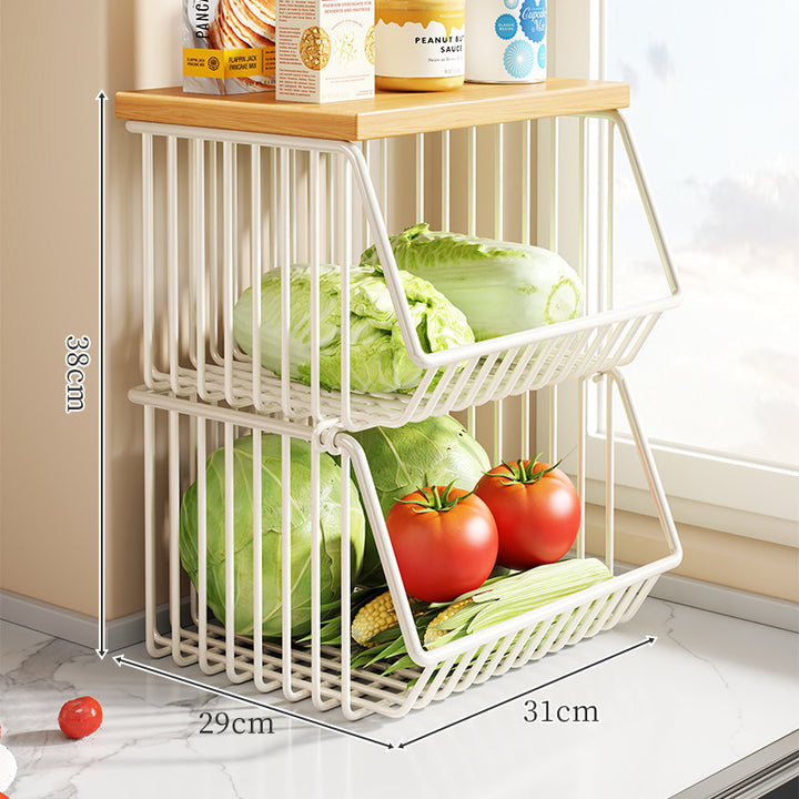 Two-Tier Countertop Vegetable and Pantry Storage Rack with Walnut Wood Top and Sliding Wire Basket