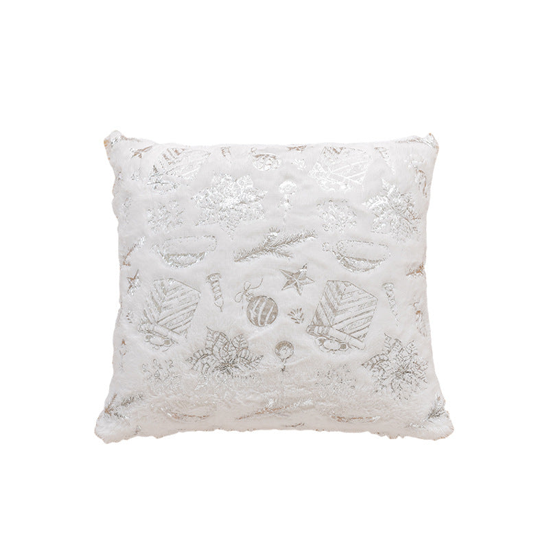 Holiday Faux Fur Decorative Throw Pillow with Foil Reindeer & Tree Print Plush Square Accent Cushion
