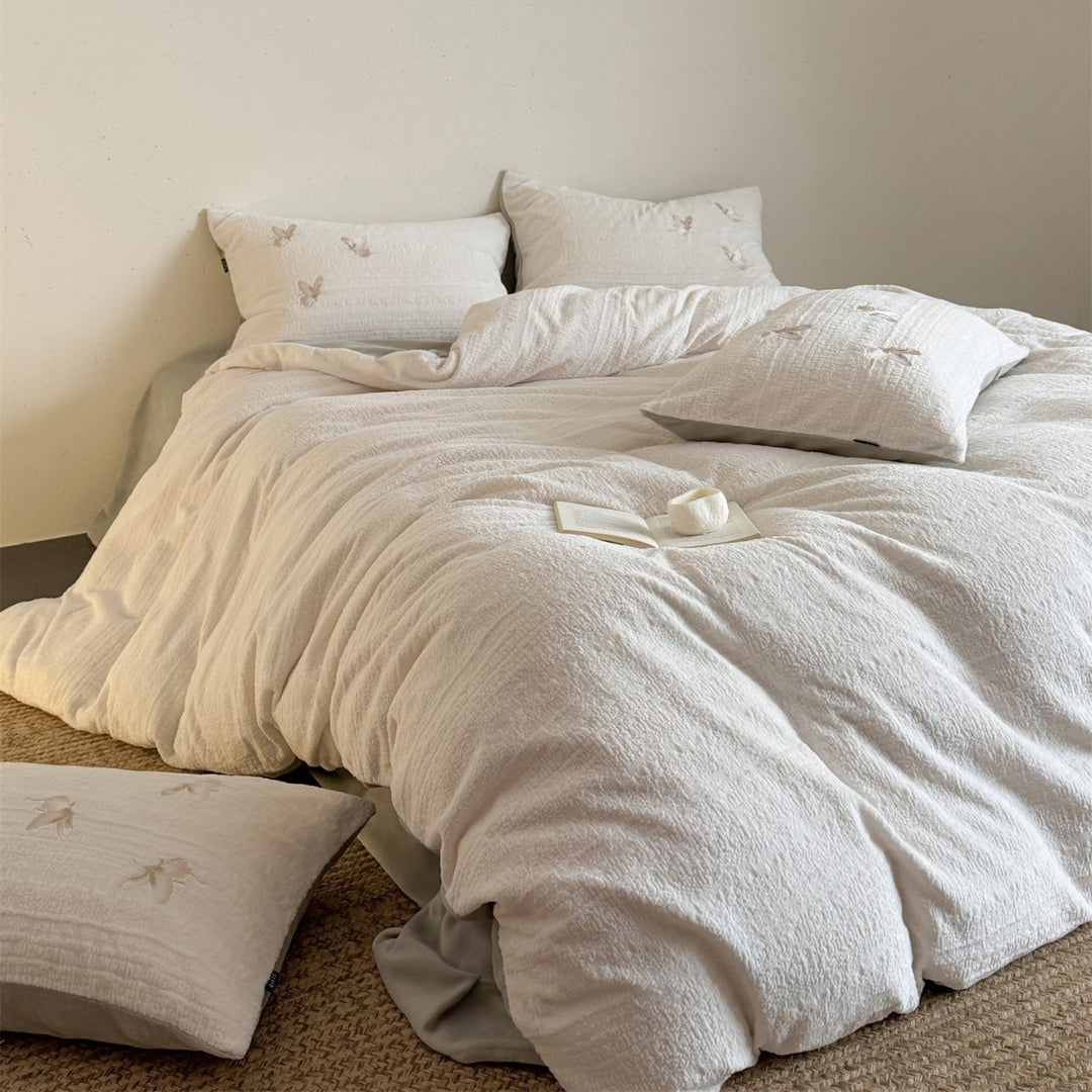 Washed Cotton-Linen Textured Duvet Cover Set with Subtle Embroidered Motif