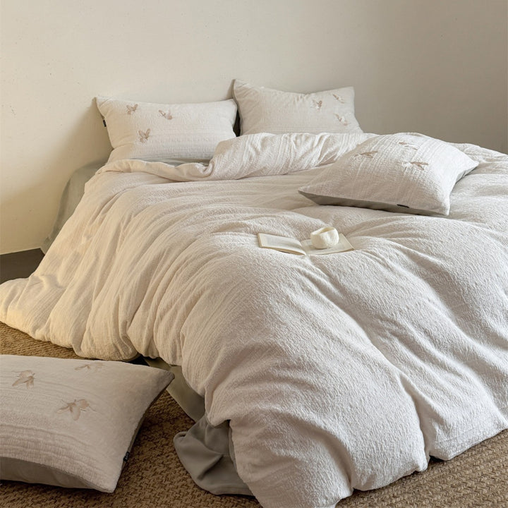 Washed Cotton-Linen Textured Duvet Cover Set with Subtle Embroidered Motif