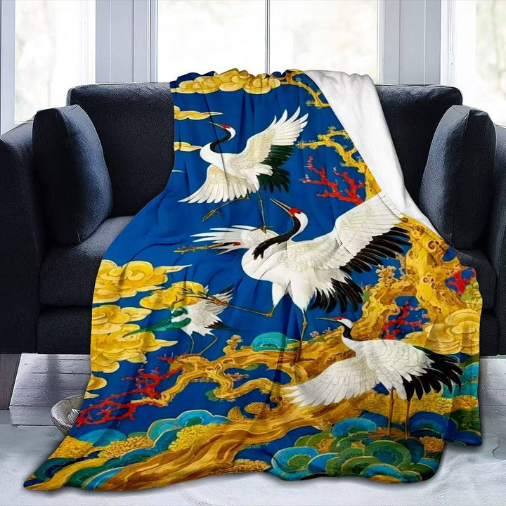 Elegant Crane-Patterned Fleece Throw Blanket