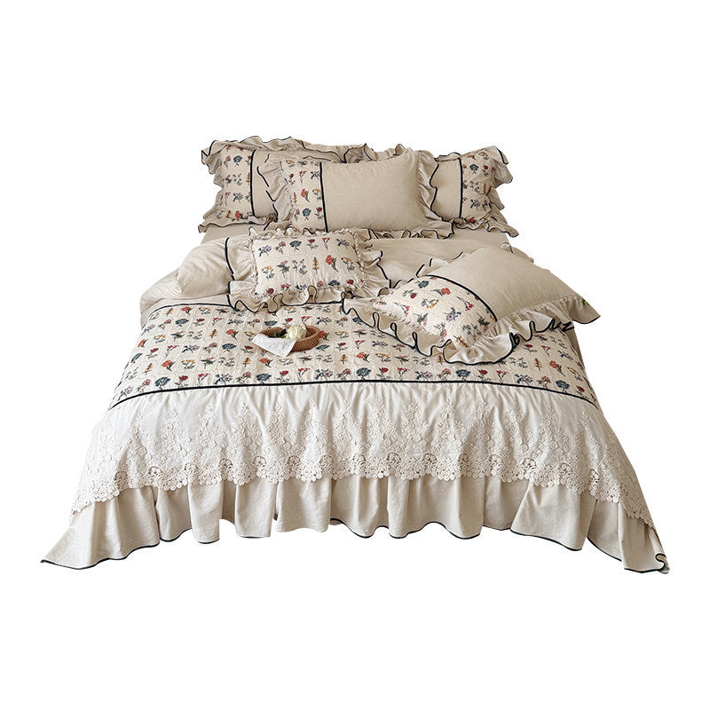 Embroidered Floral Ruffled Duvet Cover and Pillowcase Set