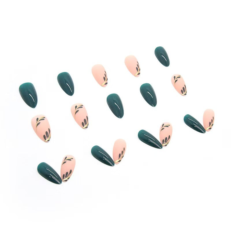 Artistic Press-On Nail Set with Leaf Designs Stornfield