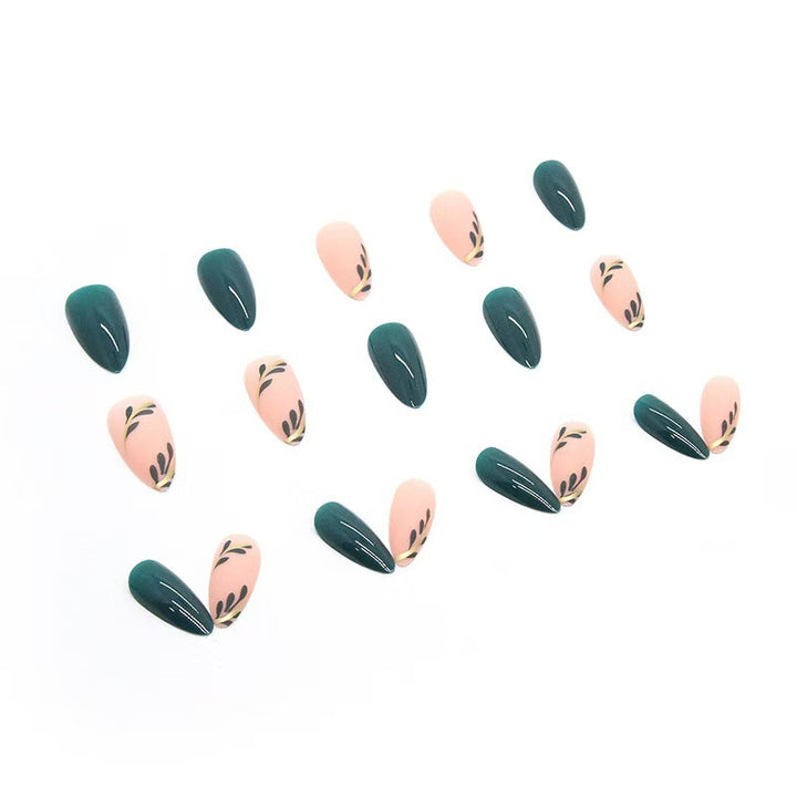 Artistic Press-On Nail Set with Leaf Designs Stornfield