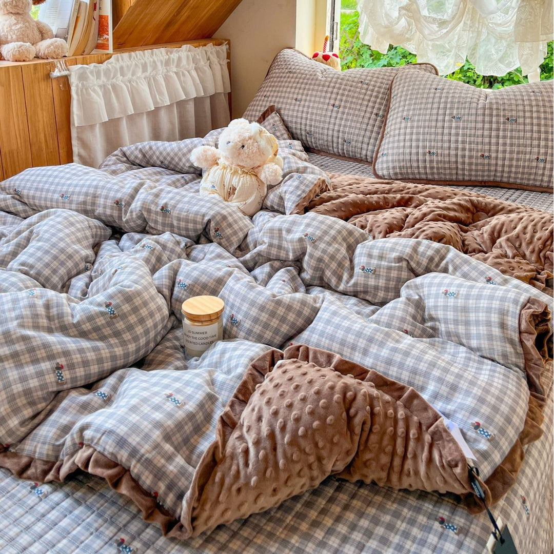 Children's Quilted Reversible Minky-Back Duvet Comforter Set with Ruffled Edge