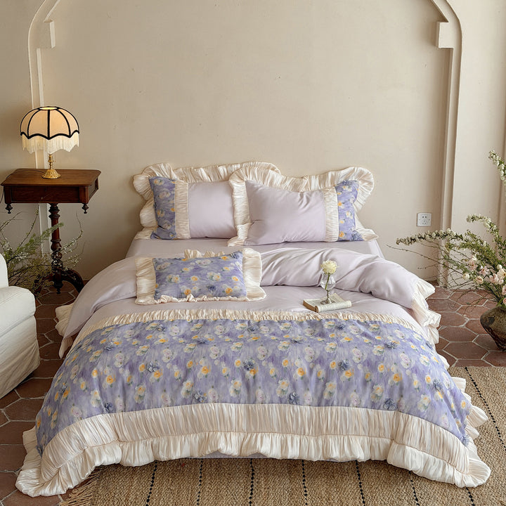 Floral Ruffled Cotton Sateen Duvet Cover Set with Pleated Trim and Reversible Pillow Shams