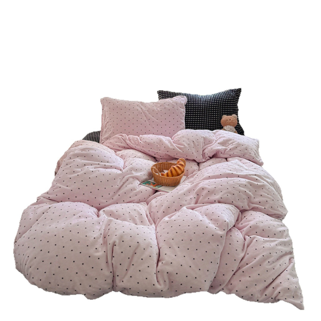 Reversible Floral Flannel Duvet Cover Set with Dot-Pattern Fitted Sheet and Pillowcases